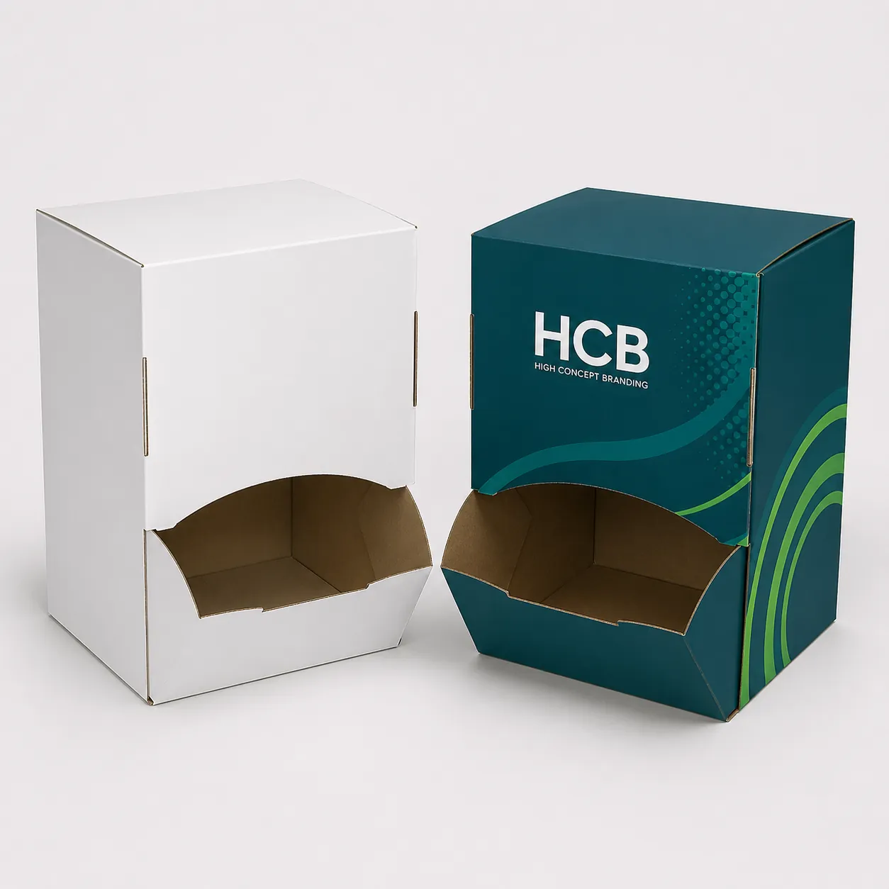 Plain white and teal custom branded cardboard gravity feed dispenser boxes. class=